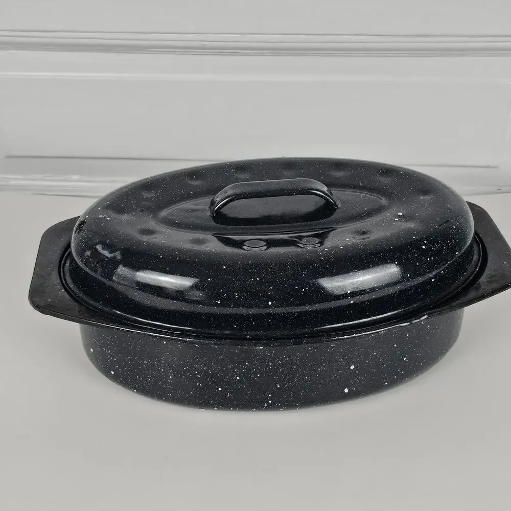 VTG small blue granite ware roaster pan with lid oval EUC